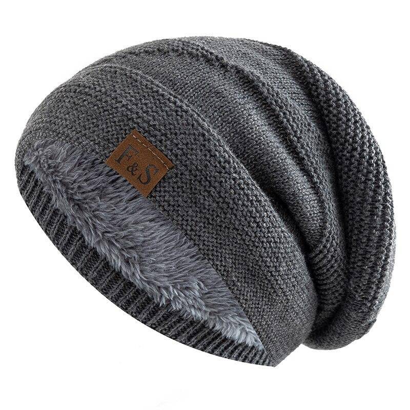 Neue Unisex-Slouchy-Wintermützen mit Pelzfutter für Männer und Frauen, warme Beanie-Mütze, lässige Label-Dekor-Winterstrickmützen 55cm-60cm grau von Joom DACH