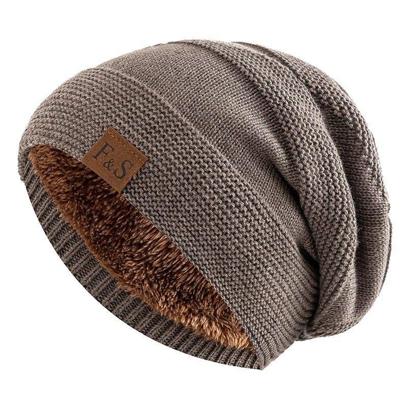 Neue Unisex-Slouchy-Wintermützen mit Pelzfutter für Männer und Frauen, warme Beanie-Mütze, lässige Label-Dekor-Winterstrickmützen 55cm-60cm khaki von Joom DACH