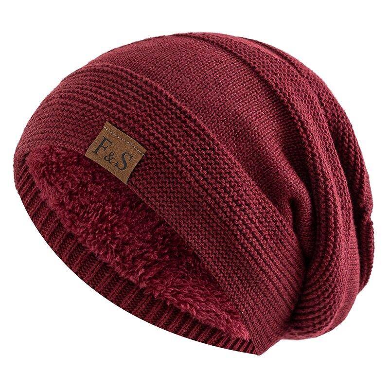 Neue Unisex-Slouchy-Wintermützen mit Pelzfutter für Männer und Frauen, warme Beanie-Mütze, lässige Label-Dekor-Winterstrickmützen 55cm-60cm rot von Joom DACH