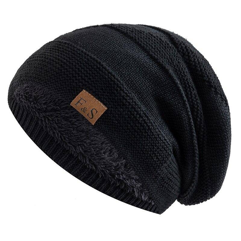 Neue Unisex-Slouchy-Wintermützen mit Pelzfutter für Männer und Frauen, warme Beanie-Mütze, lässige Label-Dekor-Winterstrickmützen 55cm-60cm schwarz von Joom DACH