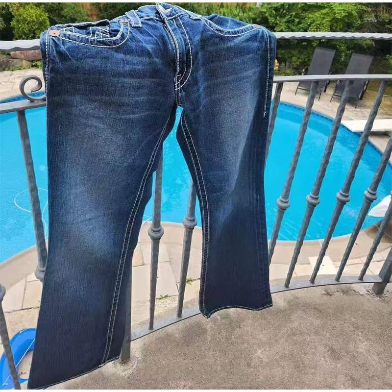 Neue Vintage Harajuku Jeans Herren und Damen Streetwear Gothic Hip Hop Tasche Stickerei Blau Baggy High Waist Slim Flare Y2K Jeans M dunkelblaue von Joom DACH