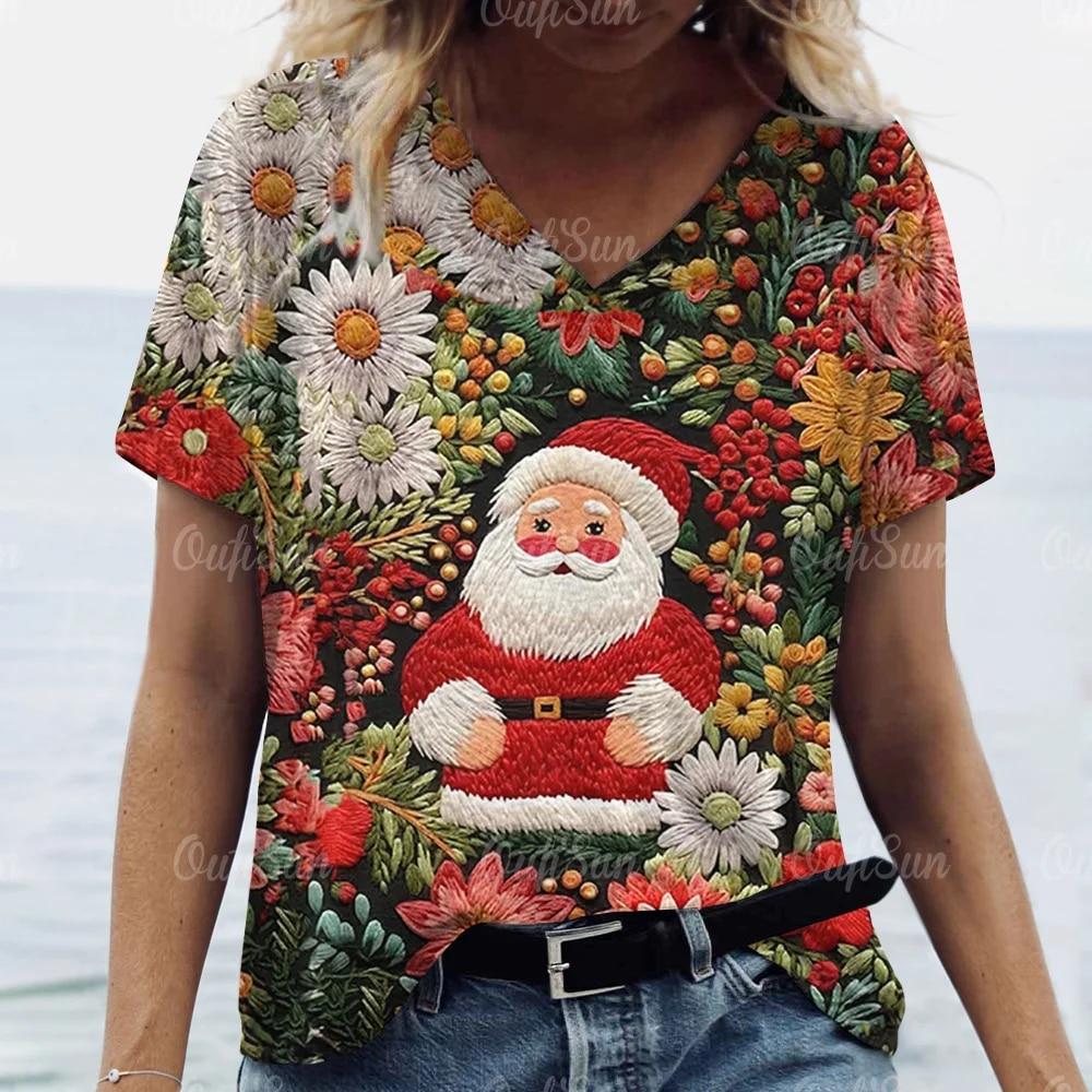 Neue Weihnachten Für Frauen T-Shirt 3D Santa Claus Drucken Kurzarm T-stücke V-ausschnitt Übergroßen Streetwear Weibliche Harajuku Pullover Tops 2XL von Joom DACH