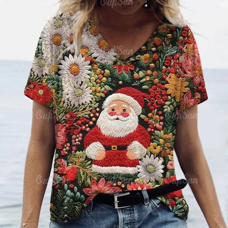 Neue Weihnachten Für Frauen T-Shirt 3D Santa Claus Drucken Kurzarm T-stücke V-ausschnitt Übergroßen Streetwear Weibliche Harajuku Pullover Tops 2XL von Joom DACH