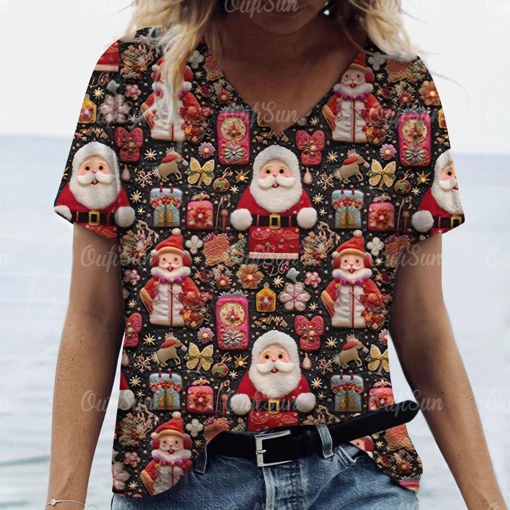 Neue Weihnachten Für Frauen T-Shirt 3D Santa Claus Drucken Kurzarm T-stücke V-ausschnitt Übergroßen Streetwear Weibliche Harajuku Pullover Tops 7XL von Joom DACH