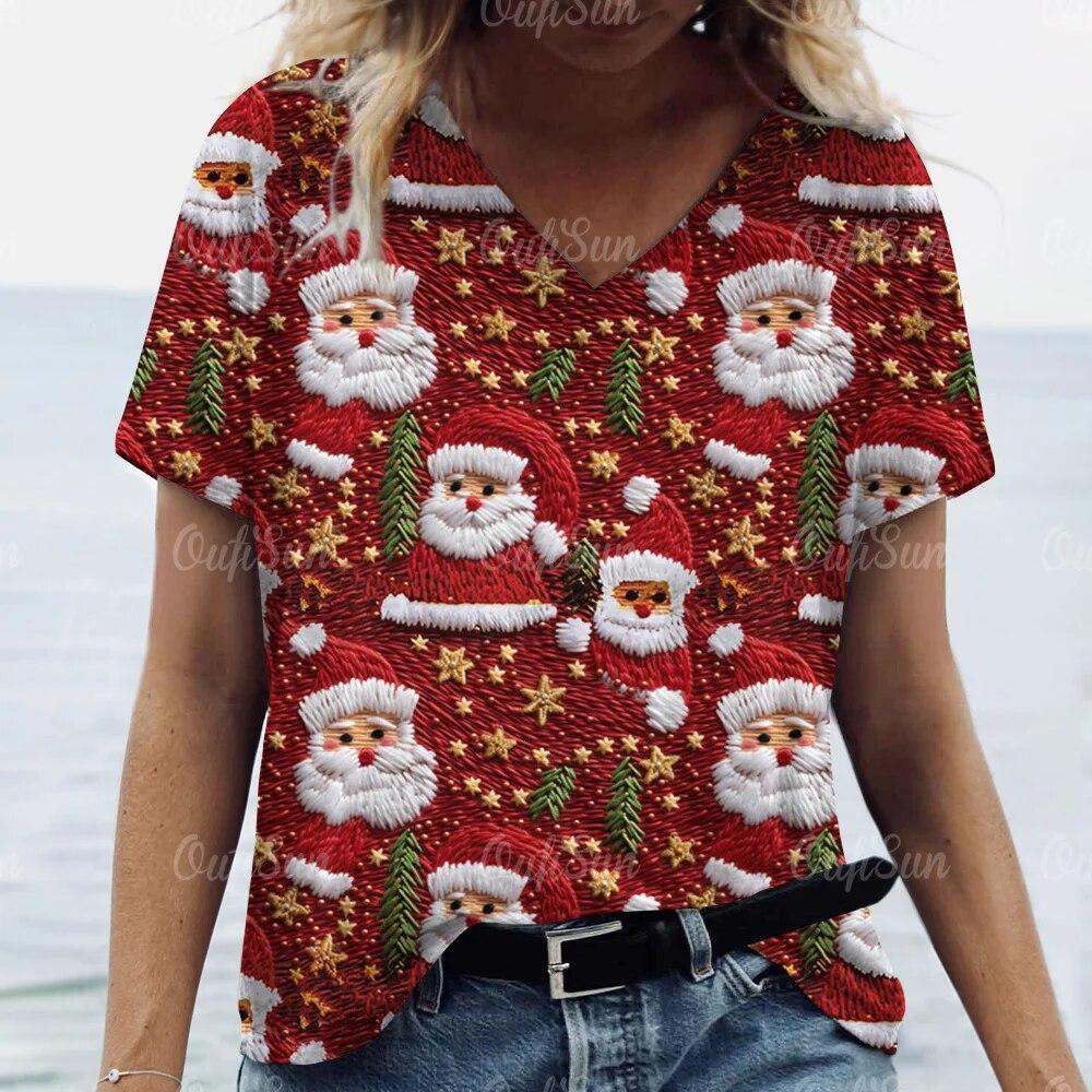 Neue Weihnachten Für Frauen T-Shirt 3D Santa Claus Drucken Kurzarm T-stücke V-ausschnitt Übergroßen Streetwear Weibliche Harajuku Pullover Tops L von Joom DACH