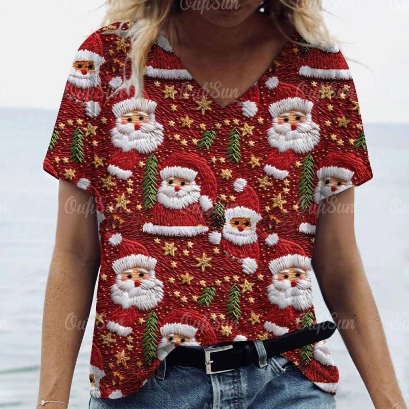 Neue Weihnachten Für Frauen T-Shirt 3D Santa Claus Drucken Kurzarm T-stücke V-ausschnitt Übergroßen Streetwear Weibliche Harajuku Pullover Tops L von Joom DACH