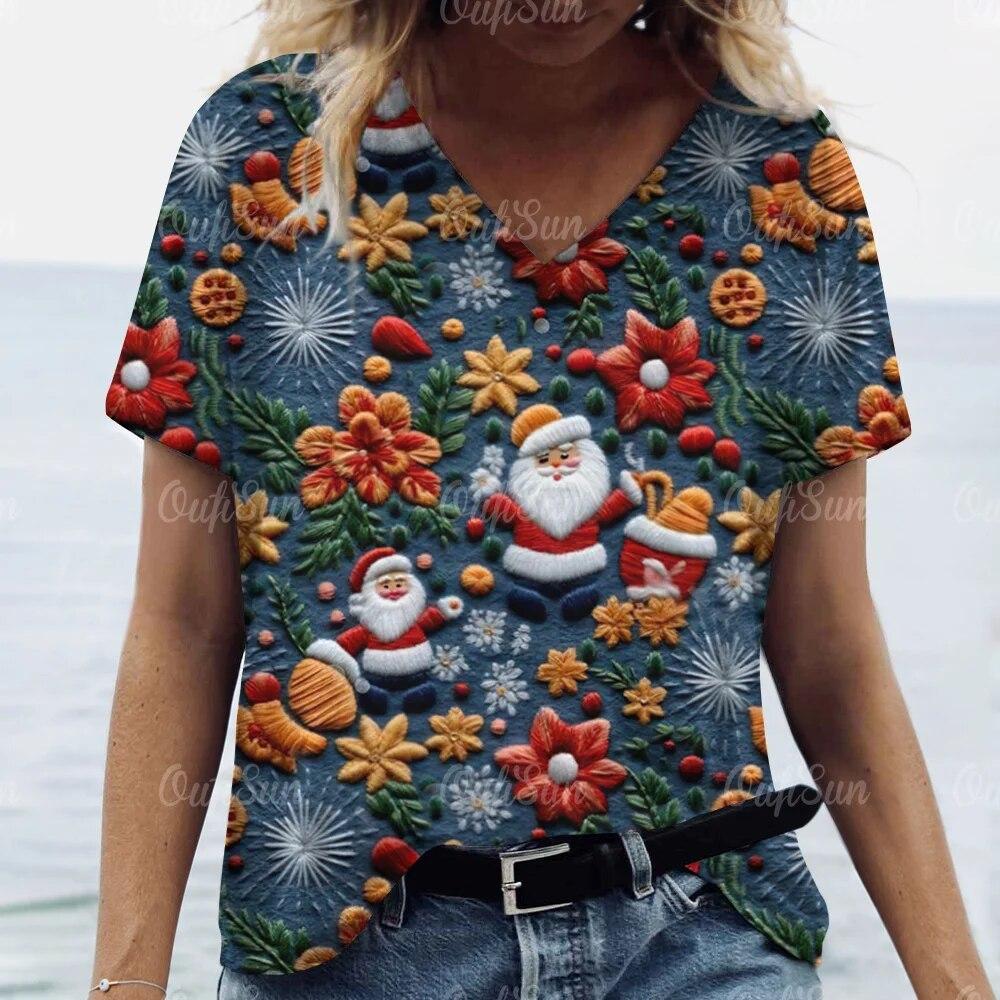 Neue Weihnachten Für Frauen T-Shirt 3D Santa Claus Drucken Kurzarm T-stücke V-ausschnitt Übergroßen Streetwear Weibliche Harajuku Pullover Tops L von Joom DACH