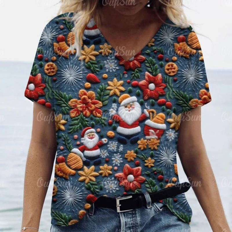 Neue Weihnachten Für Frauen T-Shirt 3D Santa Claus Drucken Kurzarm T-stücke V-ausschnitt Übergroßen Streetwear Weibliche Harajuku Pullover Tops L von Joom DACH