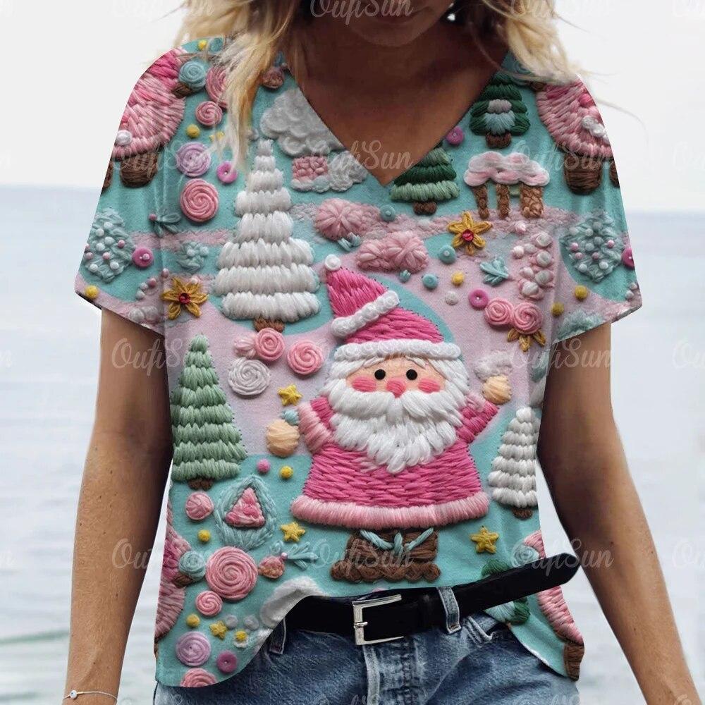 Neue Weihnachten Für Frauen T-Shirt 3D Santa Claus Drucken Kurzarm T-stücke V-ausschnitt Übergroßen Streetwear Weibliche Harajuku Pullover Tops L von Joom DACH