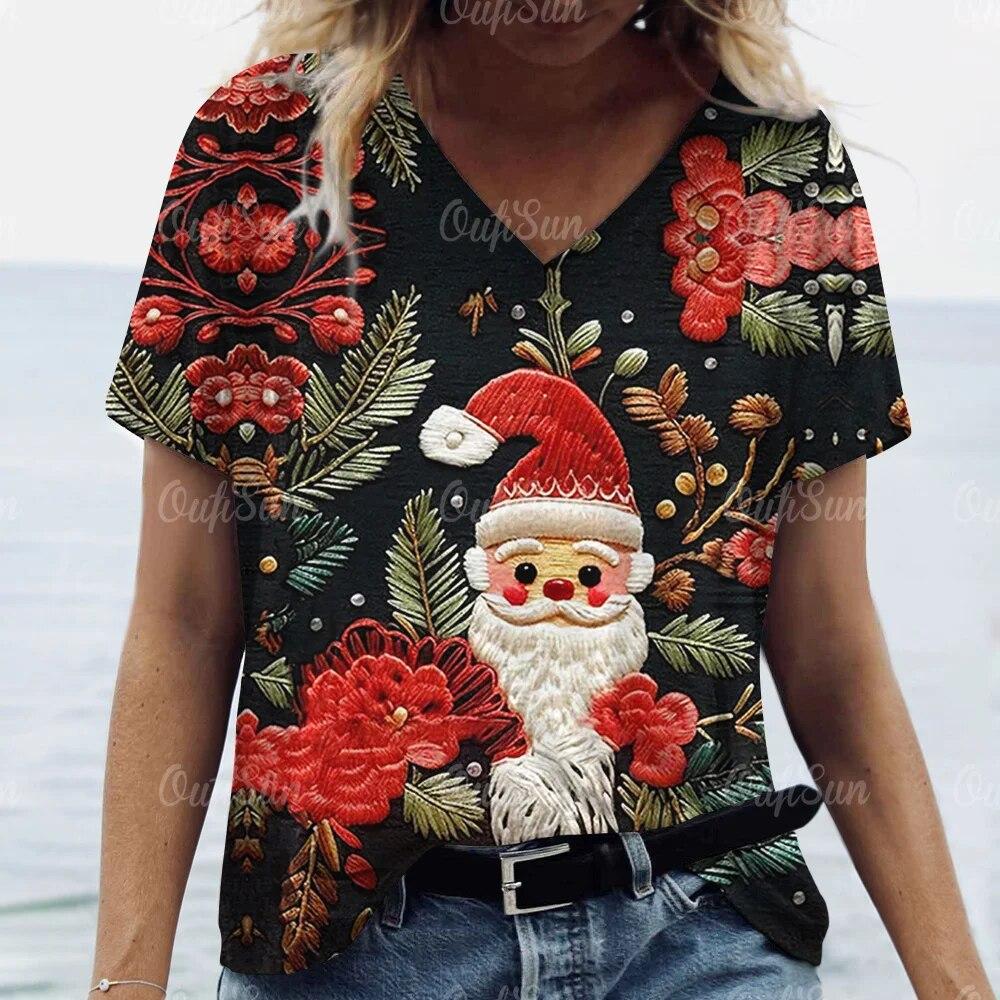 Neue Weihnachten Für Frauen T-Shirt 3D Santa Claus Drucken Kurzarm T-stücke V-ausschnitt Übergroßen Streetwear Weibliche Harajuku Pullover Tops L von Joom DACH