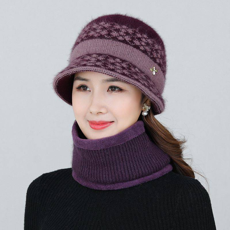 Neue Winter Dicke Warme Hinzufügen Pelz Gefüttert Strickmütze Schal Set für Frauen Elegante Mittleren Alters Mutter Kaninchen Fell eimer Hut Geschenk one size von Joom DACH