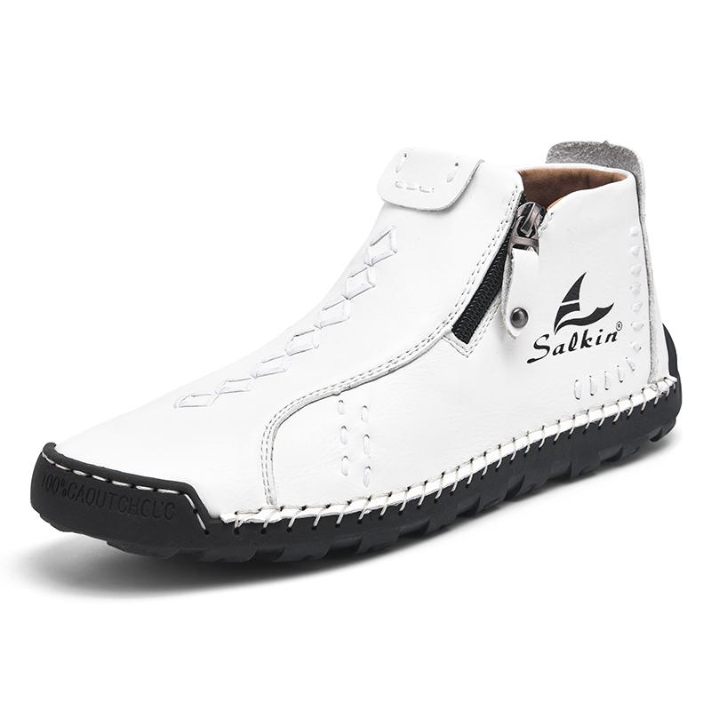 Neue Winter Handgemachte Leder Herrenstiefel Outdoor Reißverschluss Design Sneaker Mann Atmungsaktive Lässige Lederschuhe Herren Stiefeletten Slipper 44 weiß von Joom DACH