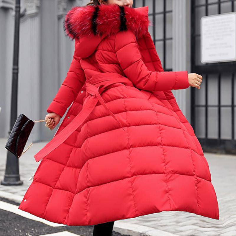 Neue Winterjacke Damen Warme Mode Bogen Gürtel Fuchs Pelz Kragen Mantel Langes Kleid Damen Dicker Mantel L rot von Joom DACH