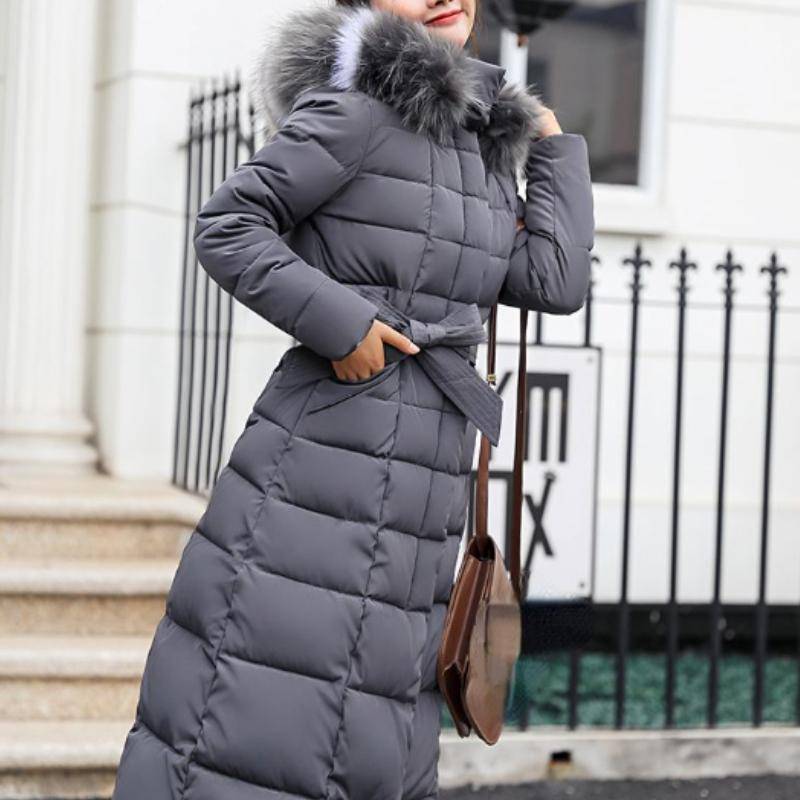 Neue Winterjacke Damen Warme Mode Bogen Gürtel Fuchs Pelz Kragen Mantel Langes Kleid Damen Dicker Mantel M grau von Joom DACH