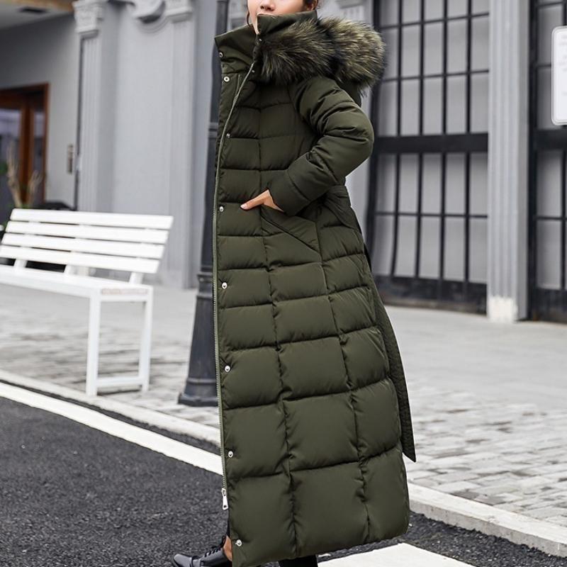 Neue Winterjacke Damen Warme Mode Bogen Gürtel Fuchs Pelz Kragen Mantel Langes Kleid Damen Dicker Mantel XL grün von Joom DACH