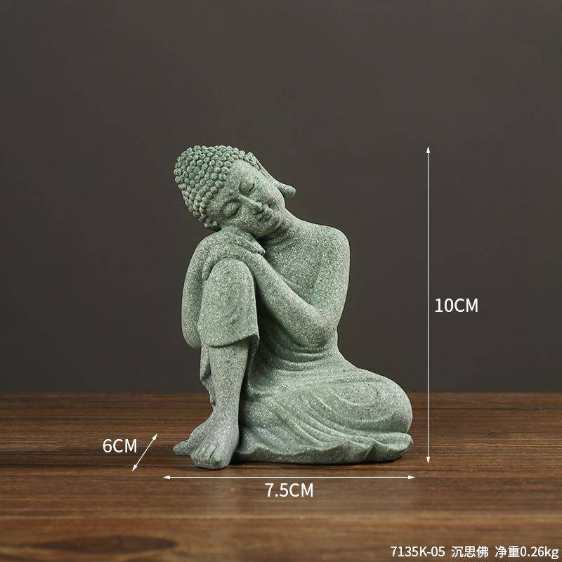 Neue Zen-Buddha-Statue im chinesischen Stil, Sitzhaltung, Dekoration, kreatives Teehaustier aus grünem Sandstein cyanblau von Joom DACH