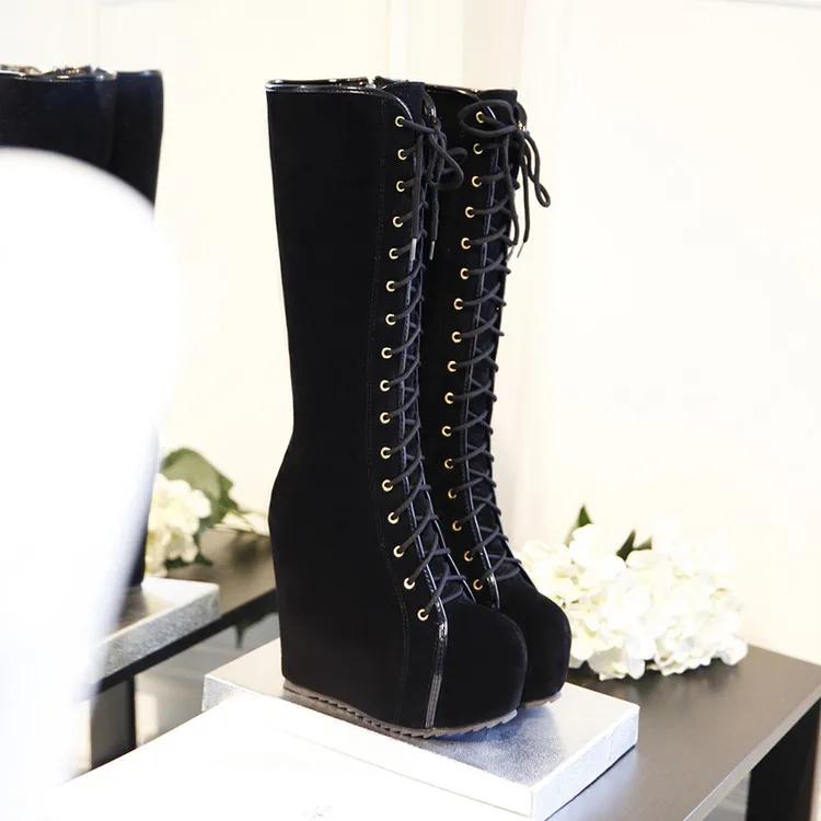 Neue Zip Wedges High Heels zunehmende Plateauschuhe für Frauen Casual Winter Kniehohe Stiefel große Größe 34-43 37 schwarz von Joom DACH