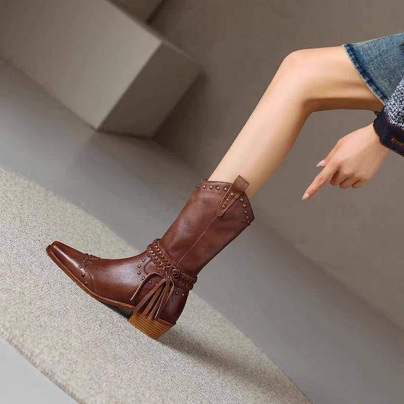 Neue echte Leder Retro Stiefel Frauen Reißverschluss Mitte der Wade Stiefel Quadratische High Heels Punk Chunky Cowboy Western Stiefel weibliche Schuhe 40 braun von Joom DACH