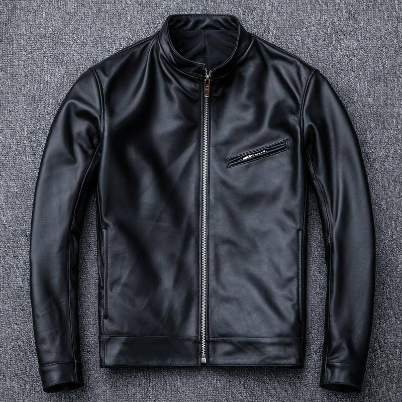 Neue echte Lederjacke für Herren, erste Schicht aus Schaffell, schmaler Stehkragen, Jugend-Lederjacke M schwarz von Joom DACH