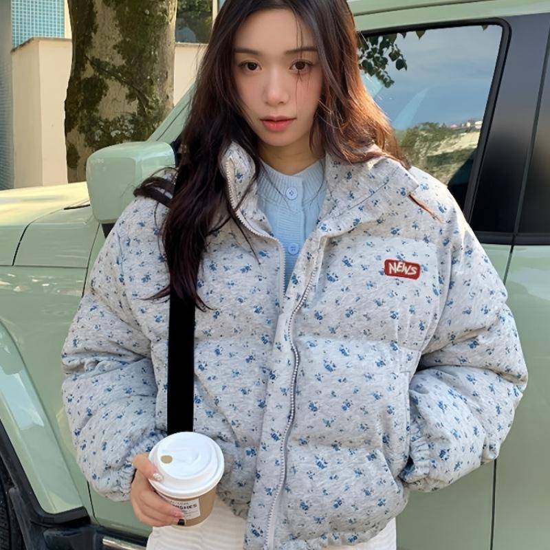 Neue koreanische kleine Jacke mit Blumenmuster, Stehkragen, kurz, wattiert, für Damen, Wintermantel mit Baumwollfüllung. L von Joom DACH