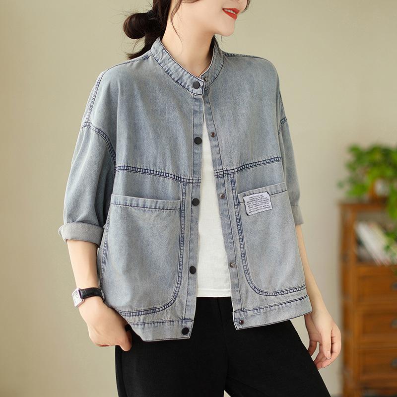 Neue kurze Jeansjacke für Damen im Frühling, koreanischer Waschstil und Retro-Stehkragenjacke im alten Workwear-Stil 2XL von Joom DACH
