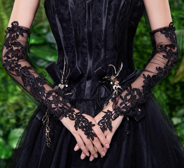 Neue lange Spitzenhandschuhe Gothic Lolita solide dünne Handschuhe JK Mädchen Fäustlinge Oversleeve Damenmode Sonnenblocker Manschette Fingerlose Handschuhe schwarz von Joom DACH