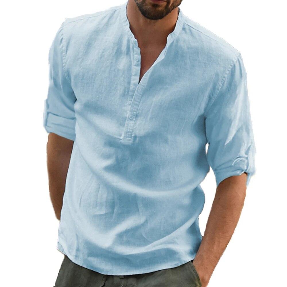 Neue männer Casual Bluse Baumwolle Leinen Hemd Lose Tops Langarm T Shirt Frühling Herbst Casual Schöne Männer Shirts US S 50-60 KG blau von Joom DACH