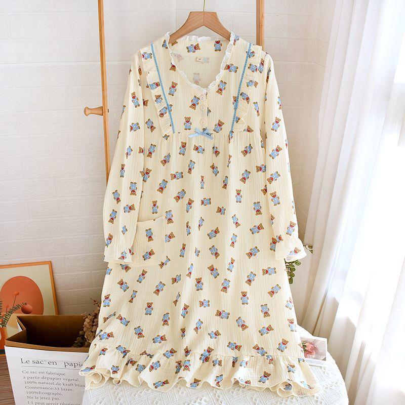 Neue mittellange Nachthemden aus Baumwolle für Damen, süßes Nachthemd im Prinzessinnenstil mit langen Ärmeln, lockere, lässige Umstandsnachthemden XL von Joom DACH