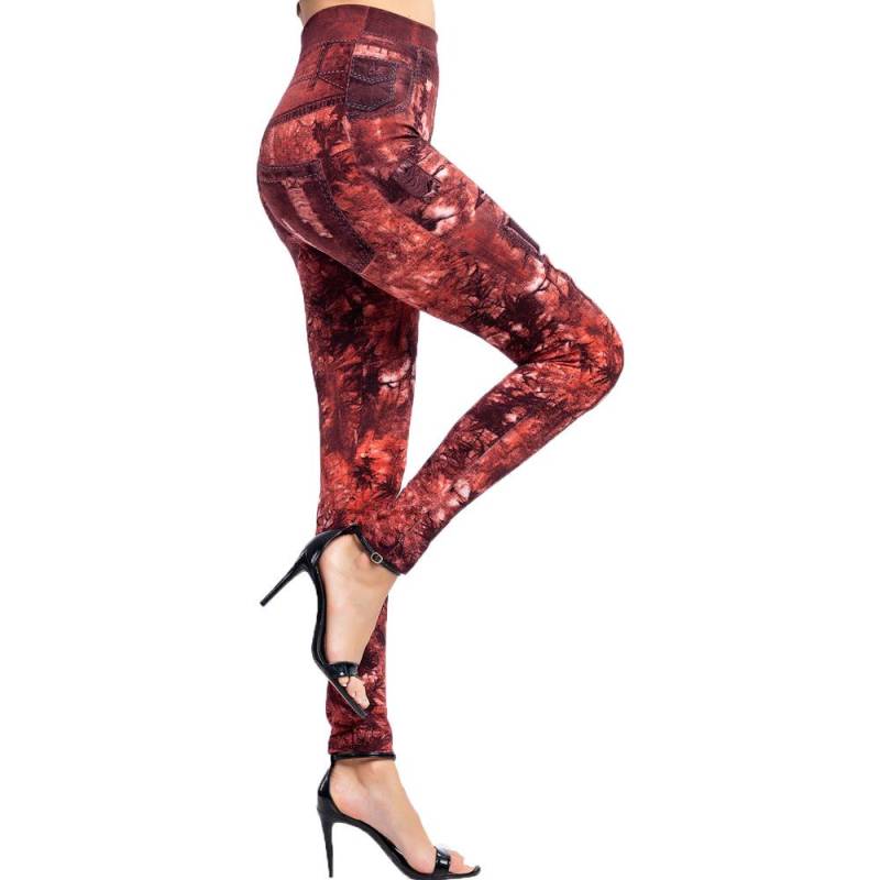 Neue modische Damen-Leggings, hochelastisch, atmungsaktiv, bequem, bedruckt, Denim-Imitat-Leggings XL rot von Joom DACH