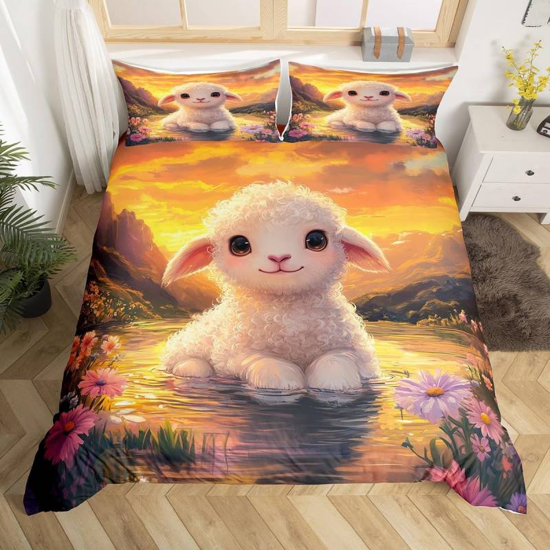 Neue niedliche Bauernhoftiere Bettbezug King Size Cartoon Schaf Bettdeckenbezug für Kinder Jungen Mädchen Teenager Niedliches Tier Bettwäscheset 3-teiliges Set EU Twin 135x200cm von Joom DACH