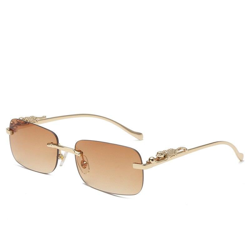 Neue randlose, rechteckige Vintage-Sonnenbrille aus Metall mit Leopardenkopf, modische, rahmenlose, getönte Brillengläser für Damen und Herren Gradient tea von Joom DACH
