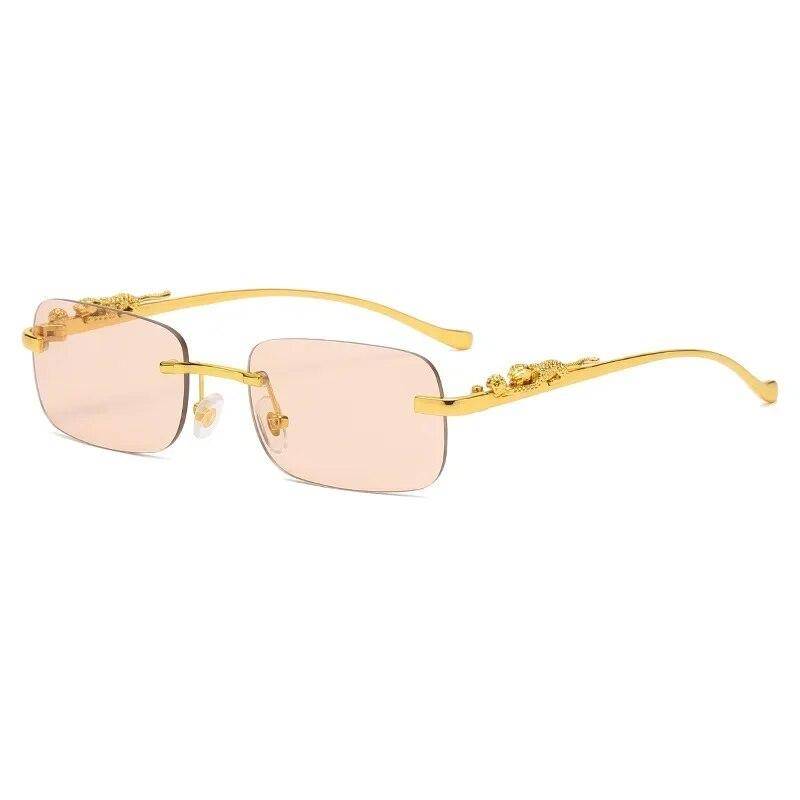 Neue randlose rechteckige Vintage-Sonnenbrille aus Metall mit Leopardenkopf, modische rahmenlose getönte Brillengläser für Damen und Herren champagner von Joom DACH