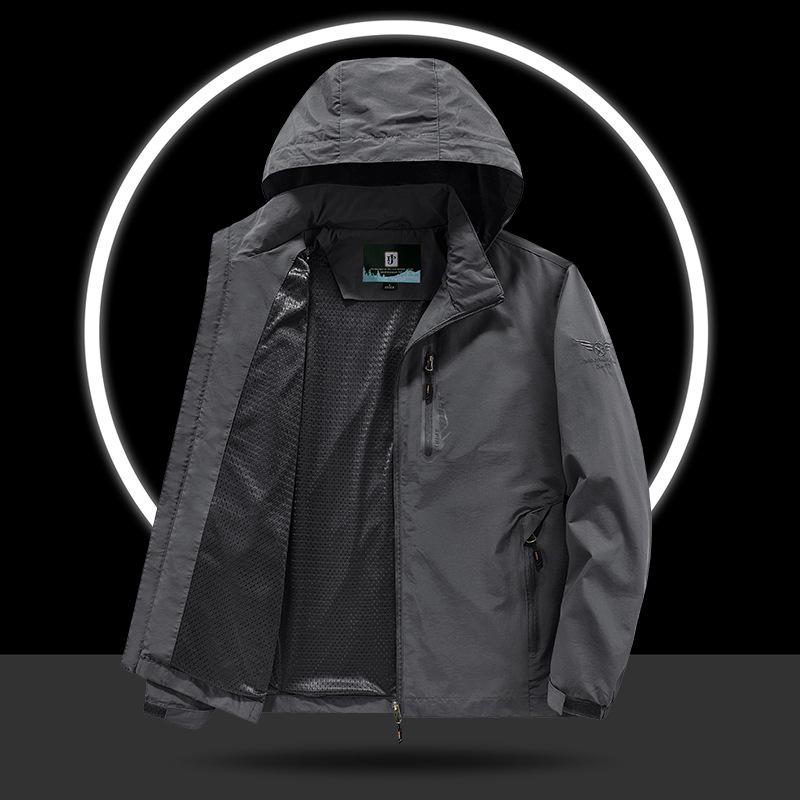 Neue schnelltrocknende Herrenjacke für Frühling und Herbst, winddicht, wasserdicht, abnehmbarer Hut, mehrere Taschen, Sportoberteil für Herren XL von Joom DACH