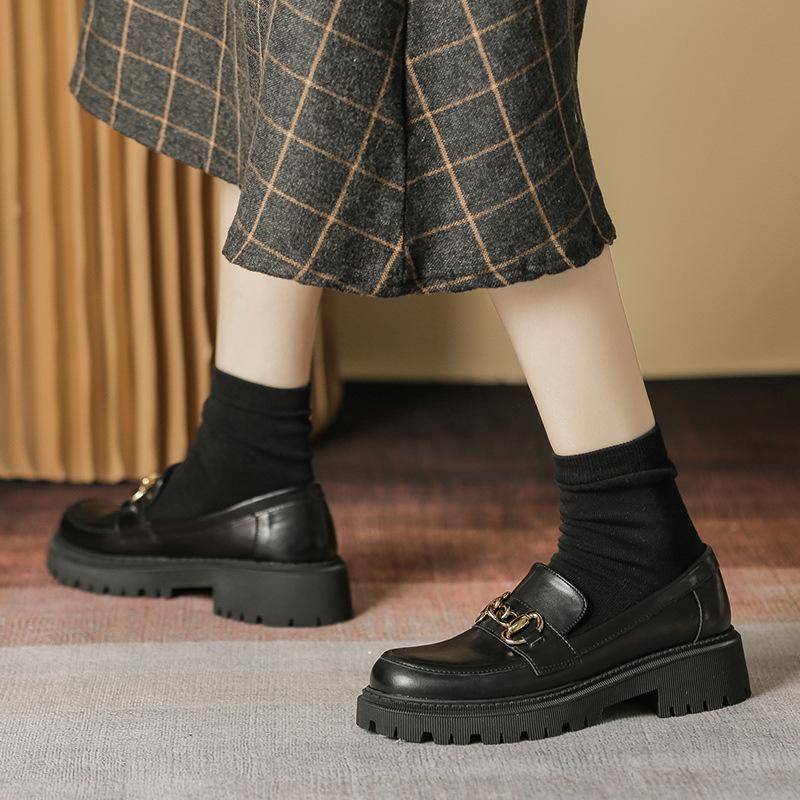 Neue schwarze Lederschuhe im britischen Stil für Damen mit Horsebit-Sohle und dicker Sohle, Slip-on-Plateauschuhe für Frühjahr und Herbst 40 von Joom DACH