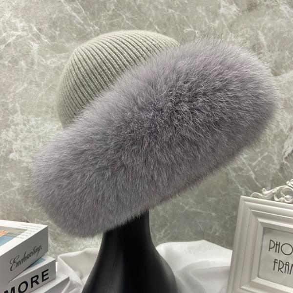 Neue stilvolle Beanie Hüte für Frauen Winter Warme Flauschige Knochen Kappe Weiche Außen Dicke Natürliche Fuchs Pelz Hut Weibliche Kuppel hüte head 55-60cm grau von Joom DACH