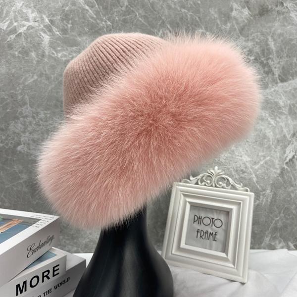 Neue stilvolle Beanie Hüte für Frauen Winter Warme Flauschige Knochen Kappe Weiche Außen Dicke Natürliche Fuchs Pelz Hut Weibliche Kuppel hüte head 55-60cm rosa von Joom DACH
