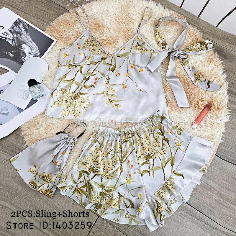Neue weibliche 4PCS Pyjamas Set Frühling Sommer Satin Nachtwäsche Intimate Dessous Druck Kirsche Blume Nachthemd Lose Hause Kleidung L von Joom DACH