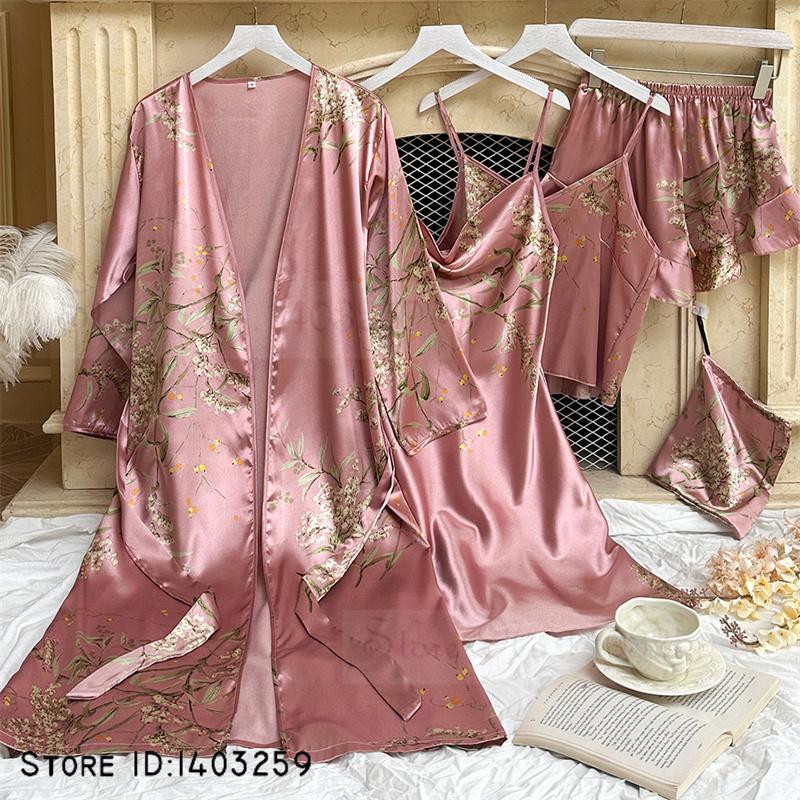 Neue weibliche 4PCS Pyjamas Set Frühling Sommer Satin Nachtwäsche Intimate Dessous Druck Kirsche Blume Nachthemd Lose Hause Kleidung S von Joom DACH