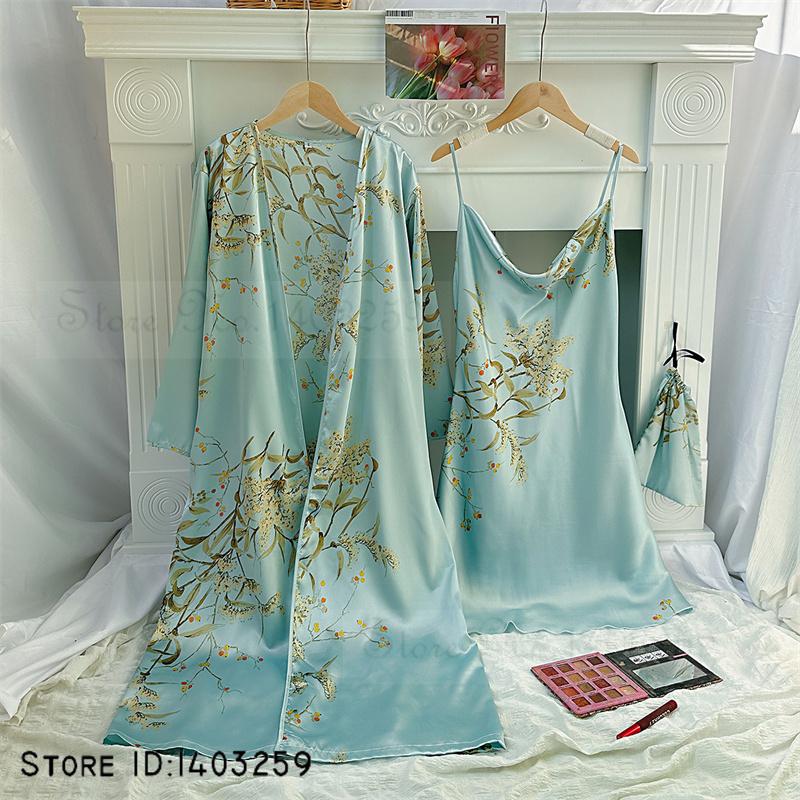 Neue weibliche 4PCS Pyjamas Set Frühling Sommer Satin Nachtwäsche Intimate Dessous Druck Kirsche Blume Nachthemd Lose Hause Kleidung S von Joom DACH