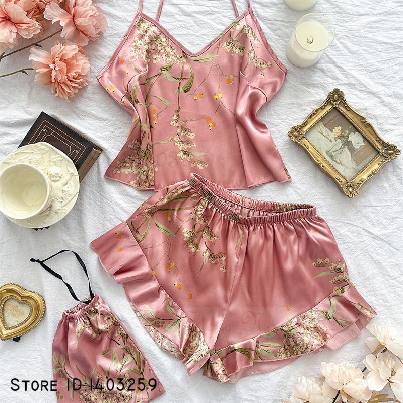 Neue weibliche 4PCS Pyjamas Set Frühling Sommer Satin Nachtwäsche Intimate Dessous Druck Kirsche Blume Nachthemd Lose Hause Kleidung S von Joom DACH