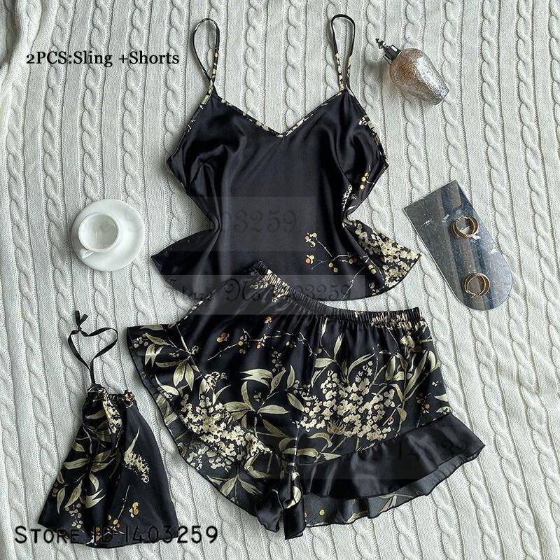 Neue weibliche 4PCS Pyjamas Set Frühling Sommer Satin Nachtwäsche Intimate Dessous Druck Kirsche Blume Nachthemd Lose Hause Kleidung S von Joom DACH