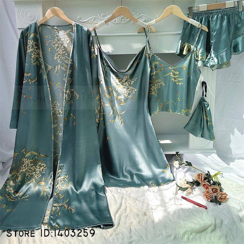 Neue weibliche 4PCS Pyjamas Set Frühling Sommer Satin Nachtwäsche Intimate Dessous Druck Kirsche Blume Nachthemd Lose Hause Kleidung XL von Joom DACH