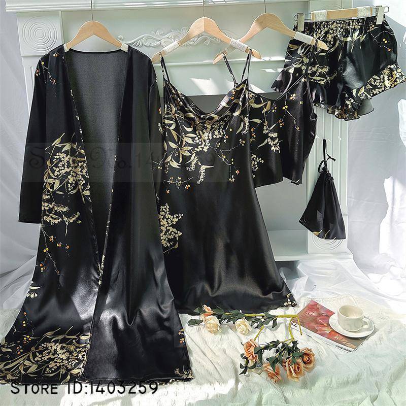 Neue weibliche 4PCS Pyjamas Set Frühling Sommer Satin Nachtwäsche Intimate Dessous Druck Kirsche Blume Nachthemd Lose Hause Kleidung XL von Joom DACH