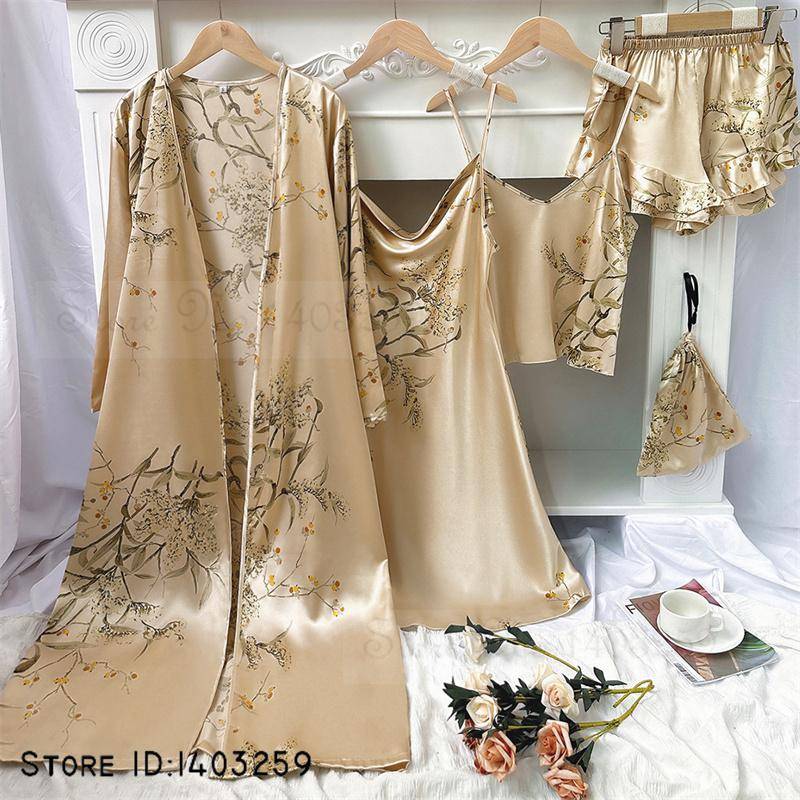 Neue weibliche 4PCS Pyjamas Set Frühling Sommer Satin Nachtwäsche Intimate Dessous Druck Kirsche Blume Nachthemd Lose Hause Kleidung XL von Joom DACH