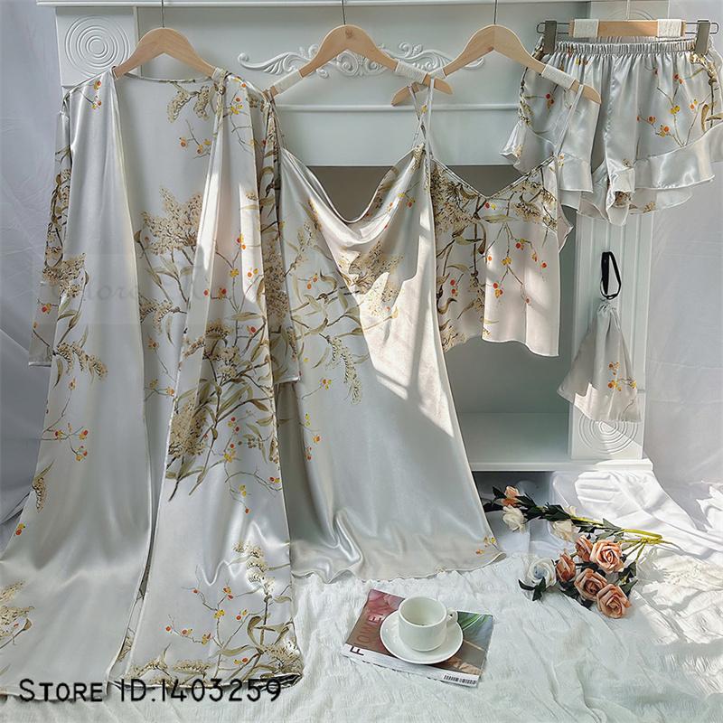Neue weibliche 4PCS Pyjamas Set Frühling Sommer Satin Nachtwäsche Intimate Dessous Druck Kirsche Blume Nachthemd Lose Hause Kleidung XL von Joom DACH