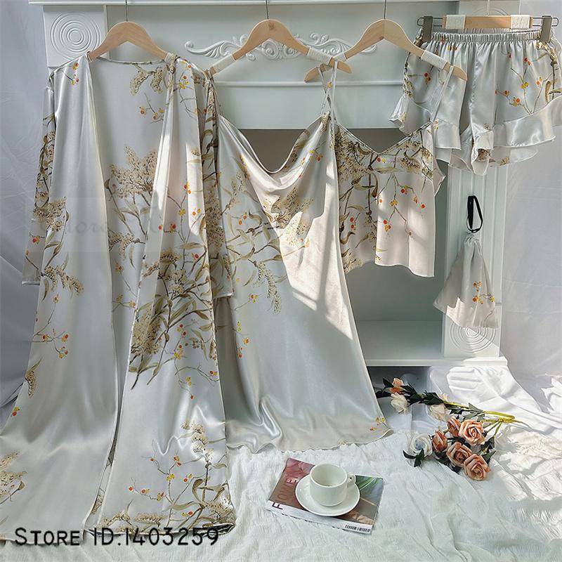 Neue weibliche 4PCS Pyjamas Set Frühling Sommer Satin Nachtwäsche Intimate Dessous Druck Kirsche Blume Nachthemd Lose Hause Kleidung XL von Joom DACH