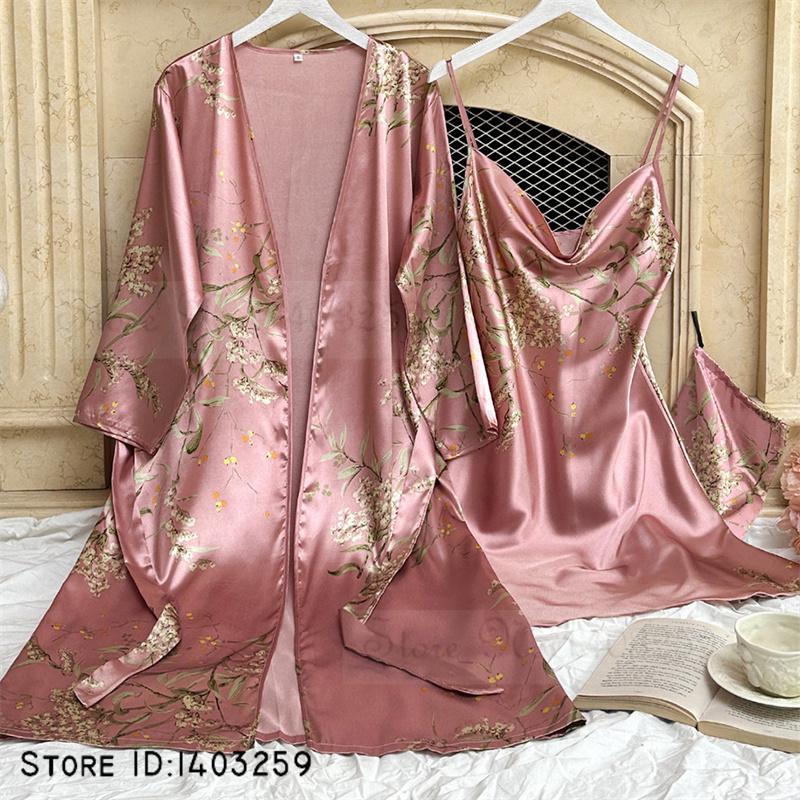 Neue weibliche 4PCS Pyjamas Set Frühling Sommer Satin Nachtwäsche Intimate Dessous Druck Kirsche Blume Nachthemd Lose Hause Kleidung XL von Joom DACH