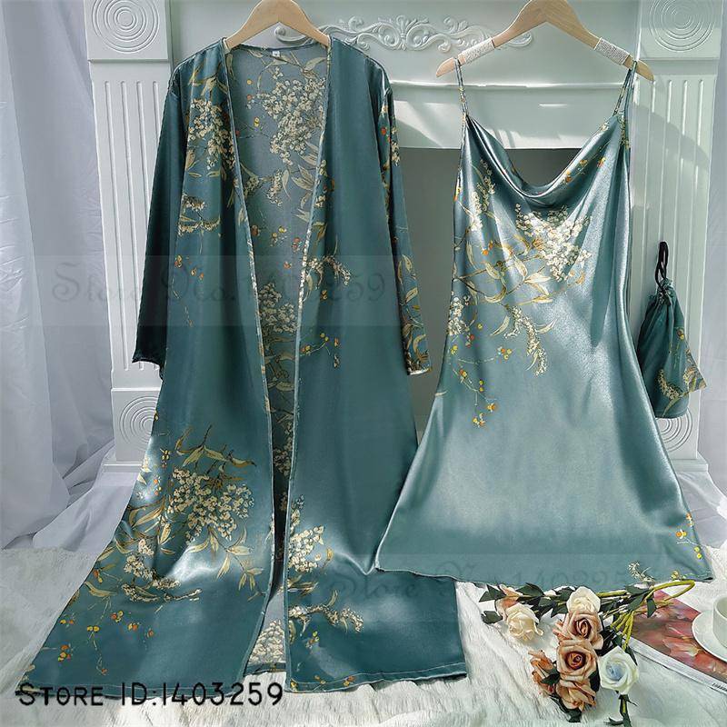 Neue weibliche 4PCS Pyjamas Set Frühling Sommer Satin Nachtwäsche Intimate Dessous Druck Kirsche Blume Nachthemd Lose Hause Kleidung XL von Joom DACH