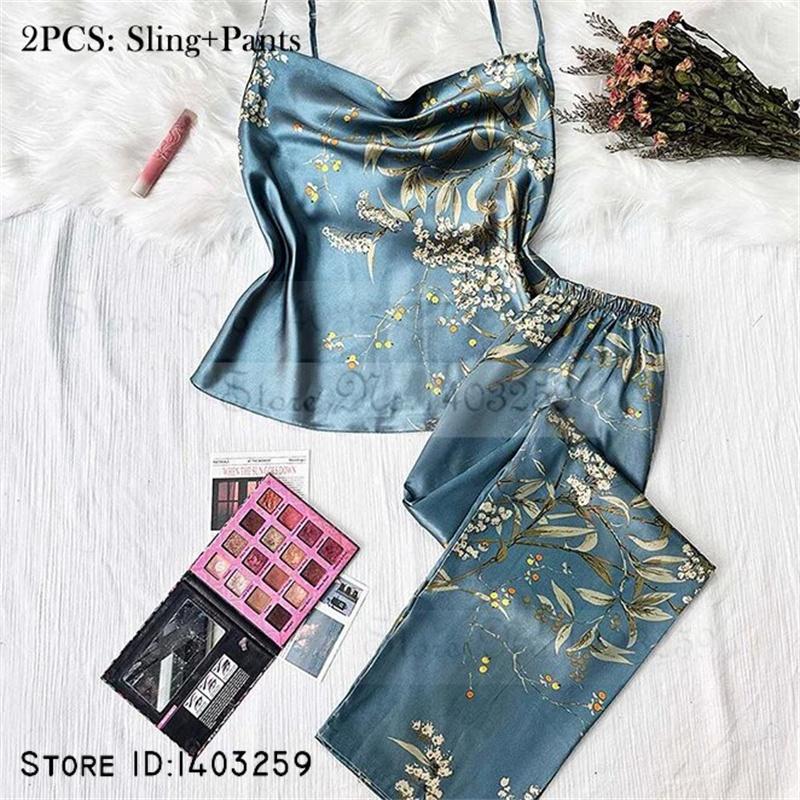 Neue weibliche 4PCS Pyjamas Set Frühling Sommer Satin Nachtwäsche Intimate Dessous Druck Kirsche Blume Nachthemd Lose Hause Kleidung XL von Joom DACH
