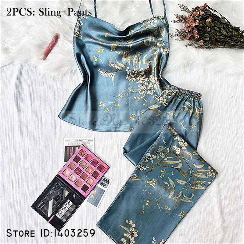 Neue weibliche 4PCS Pyjamas Set Frühling Sommer Satin Nachtwäsche Intimate Dessous Druck Kirsche Blume Nachthemd Lose Hause Kleidung XL von Joom DACH